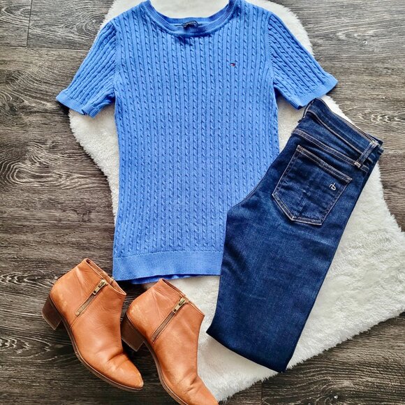 🌹2/$40🌹Tommy Hilfiger 💙 Short Sleeve Cable Knit Sweater in Blue - Picture 1 of 9